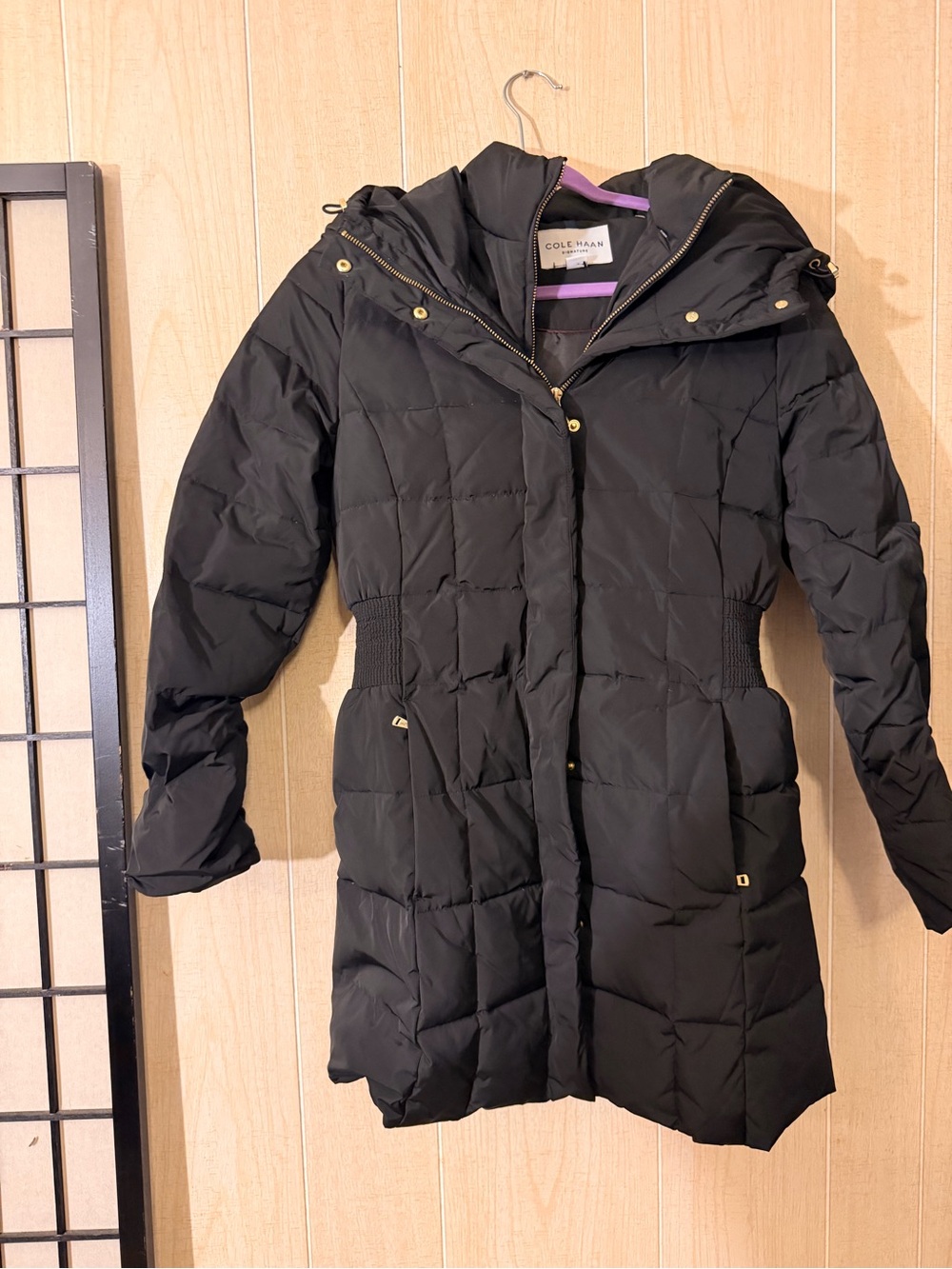 Cole Haan Black Quilted Long Puffer Coat with Hood